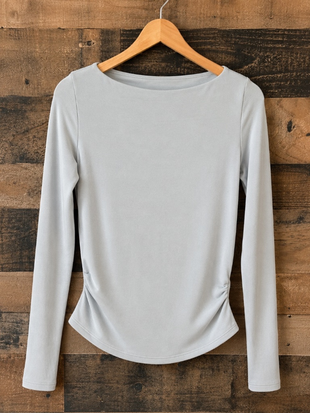OGL Move Ruched Side Stretch Top Light Blue Sz M NWOT Office Chic Minimalist
